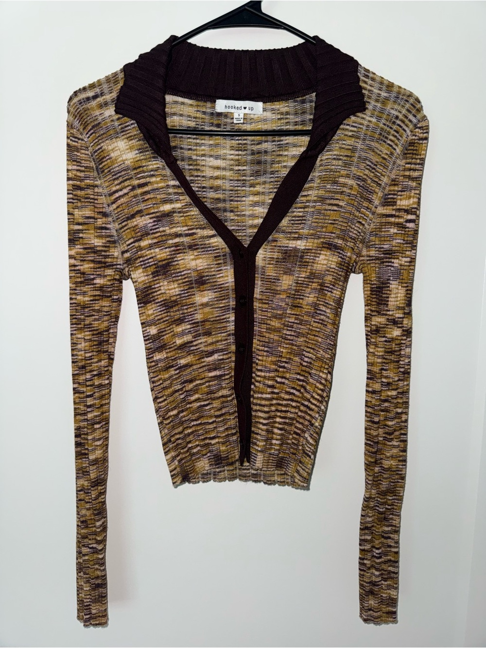 Hooked Up by IOT Brown and Mustard Marled Ribbed Cardigan
